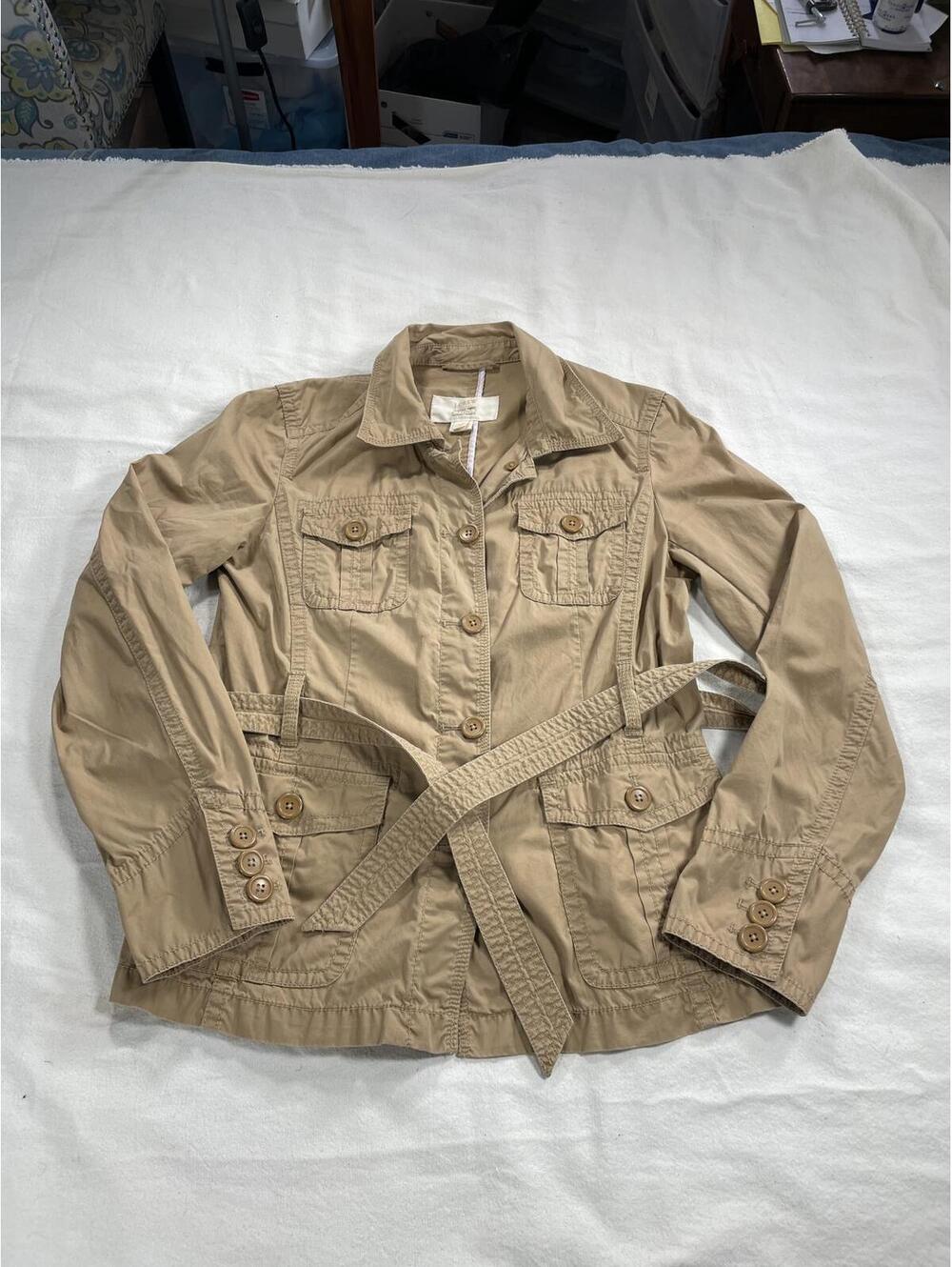 J. Crew Medium trench style utility jacket 4 pocket 5 button front belted short